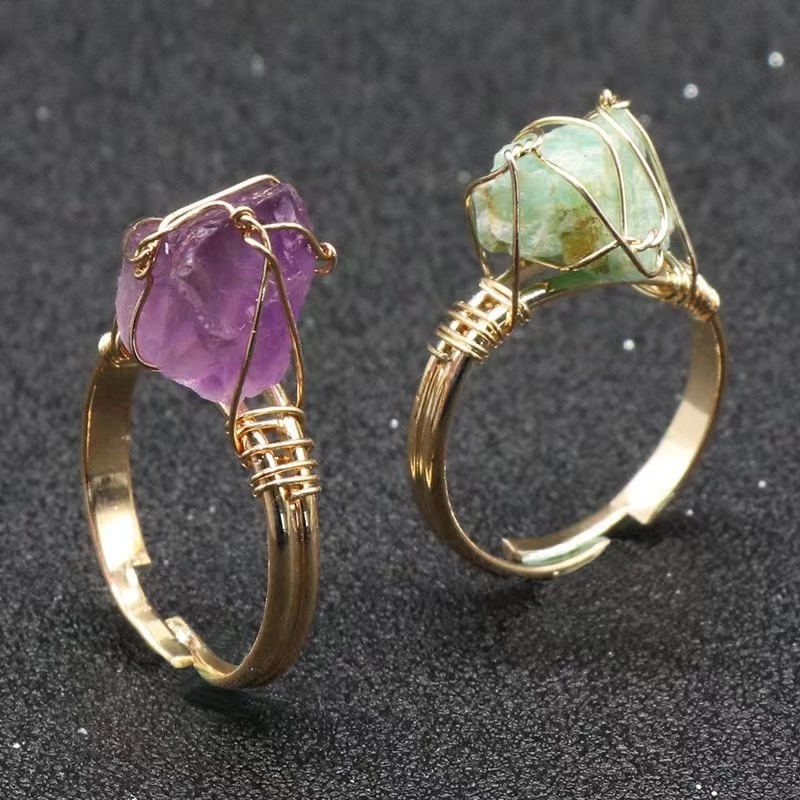 Wholesale hot sale Crystal rough stone ring High quality crystal healing stone Hand-made silk wrapped rough stone ring for gift