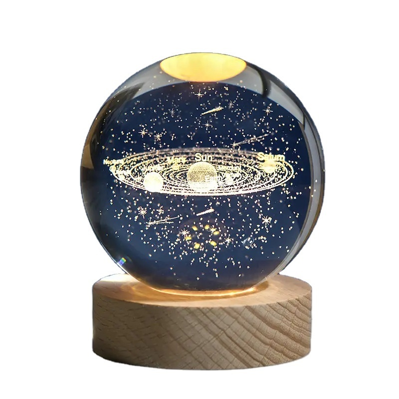 60mm Glass Solar System Planet Sphere 3D Laser Engraved Galaxy Crystal Ball with Wood LED Light Night Lamp for home decor