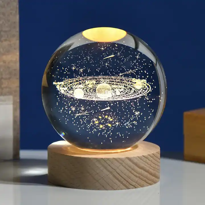 60mm Glass Solar System Planet Sphere 3D Laser Engraved Galaxy Crystal Ball with Wood LED Light Night Lamp for home decor