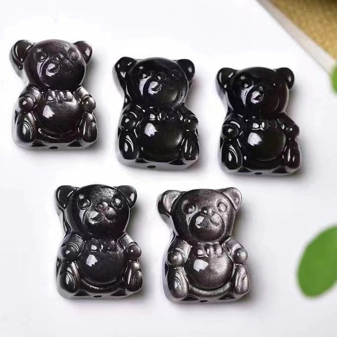 Wholesale Natural High Quality Little Bear Carving Crystal Little Bear silver obsidian For Home Decoration fengshui