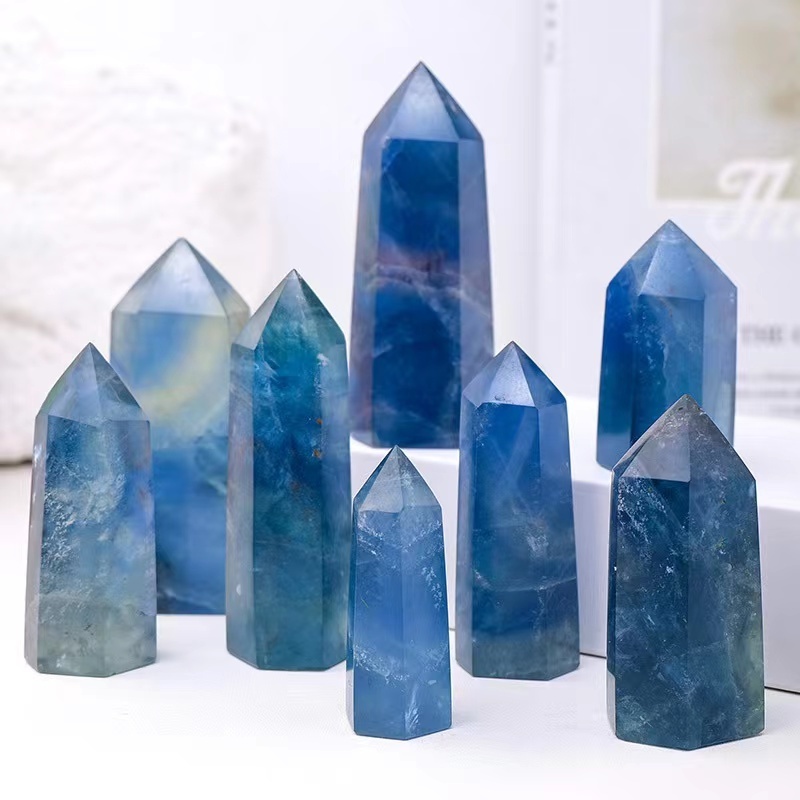 Wholesale spiritual crystal point wand natural aqua blue aura clear quartz crystal tower for home decoration