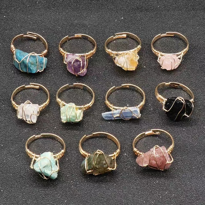 Wholesale hot sale Crystal rough stone ring High quality crystal healing stone Hand-made silk wrapped rough stone ring for gift