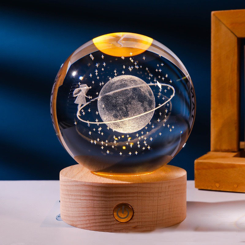 80mm Glass Solar System Planet Sphere 3D Laser Engraved Galaxy Crystal Ball with Wood LED Light Night Lamp for home decor