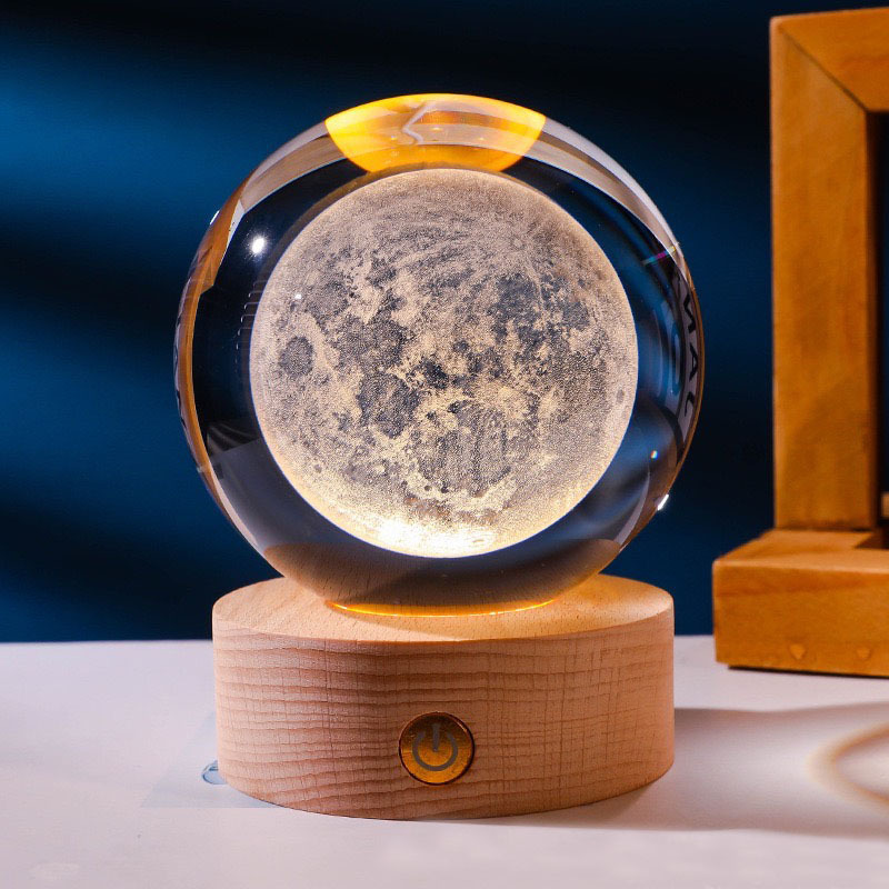 80mm Glass Solar System Planet Sphere 3D Laser Engraved Galaxy Crystal Ball with Wood LED Light Night Lamp for home decor