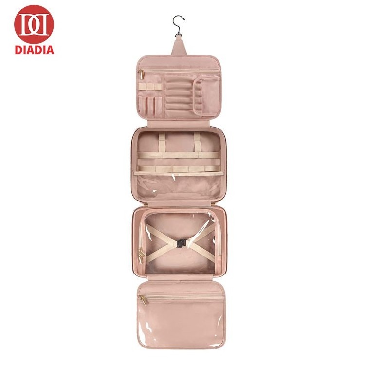 2023 Custom Logo Hot Sale Large Capacity PU Leather Cosmetic Makeup Bag Travel Organizer With Hanging Hook