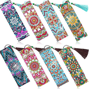 R-FQY034-047 2pcs Mandala Design Handmade Leather Bookmark Tassel Diamond Painting Bookmarks