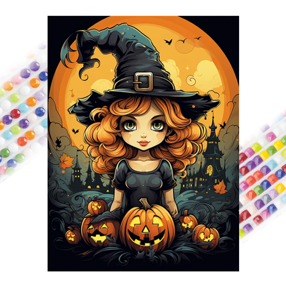 R-DP008  Home Decor Canvas Paintings Mosaic Wall Art 5D DIY Halloween Witch Diamond Painting Kit