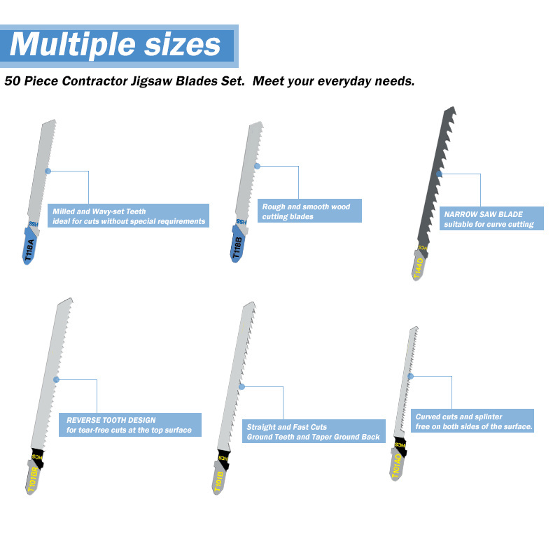 50 Piece Jigsaw Blades Set T-Shank HCS/HSS Jig Saw Blades for Wood, Plastic and Metal Cutting