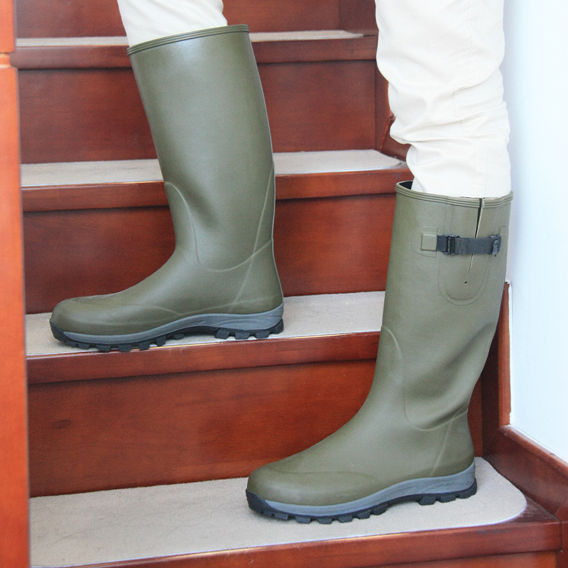 Wholesale fashionable high cut ladies long waterproof fishing gumboots men rubber hunting rain boots for adult