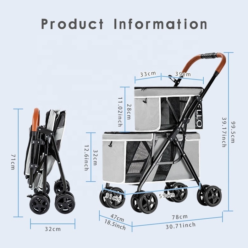 cat and dog Trolley Double layer collapsible shock absorbent breathable comfortable double layer pet strollers