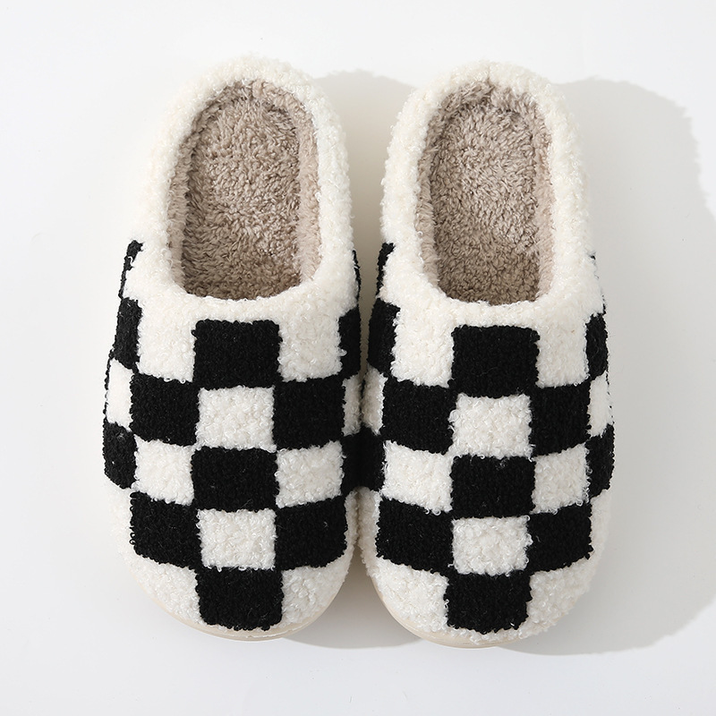 Fashion woman winter hot sale checked print indoor warm white cotton slippers with checkered