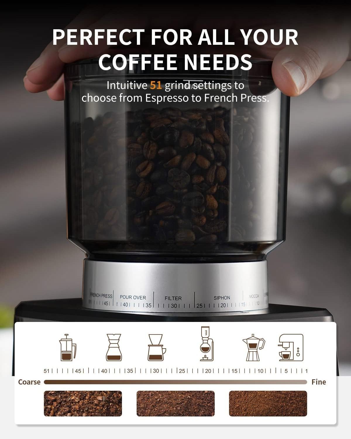 Stainless Steel Espresso Porta-Filter Holders Machine 51 Grinding Setting Electric Burr Conical Coffee Bean Grinders