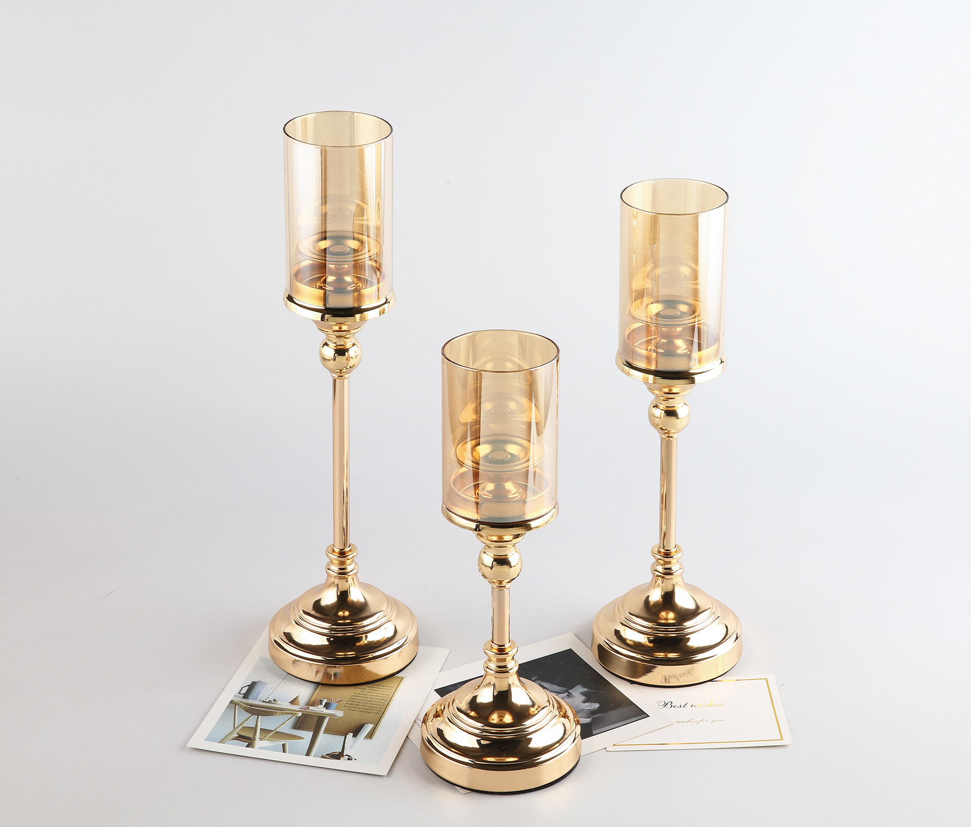 Golden Pillar Tall Candle Holder with Glass Lid for Pillar Candle for Coffee Dining Table