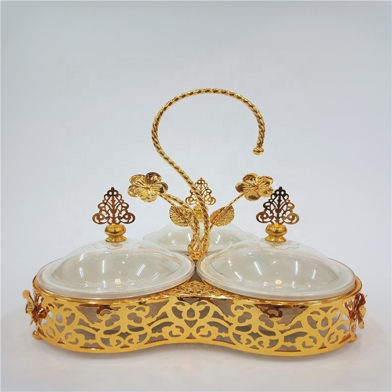 Russian Style Ramadan  Ceramic Metal Candy Bowls Arabic Gold Candy Dish with Handle and Cover