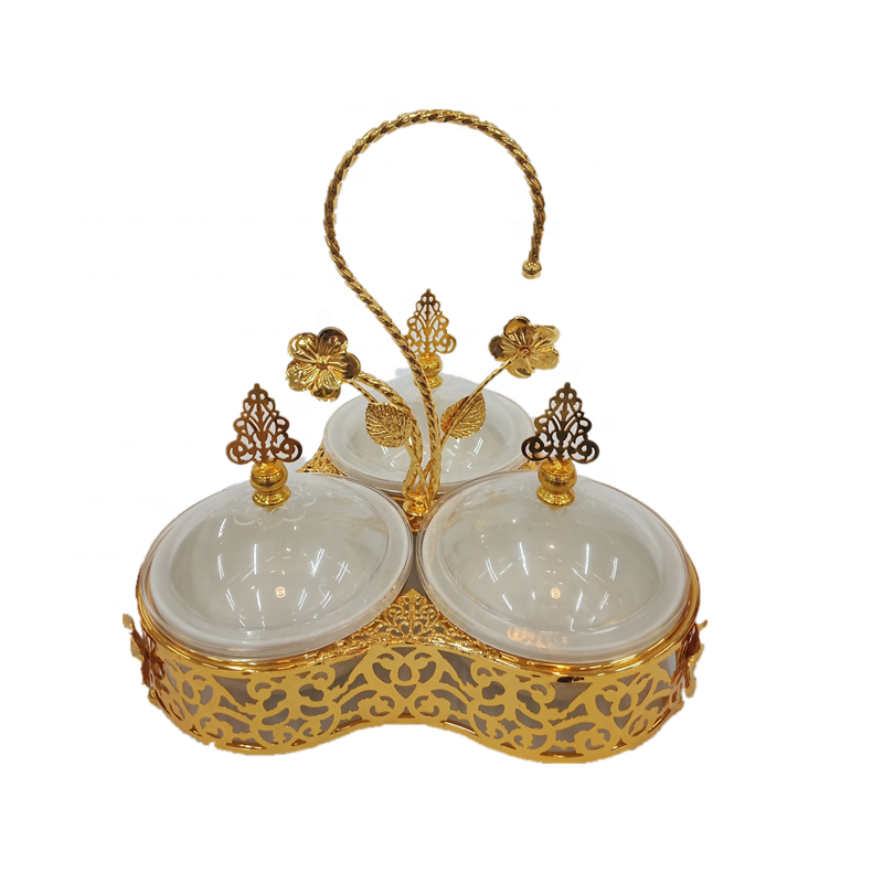 Russian Style Ramadan  Ceramic Metal Candy Bowls Arabic Gold Candy Dish with Handle and Cover