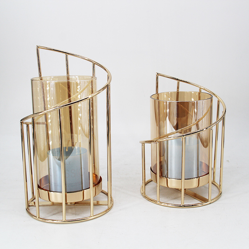 Geometric Gold Pillar Candle Holder Tealight Holder with Glass Cover  for Wedding Anniversary