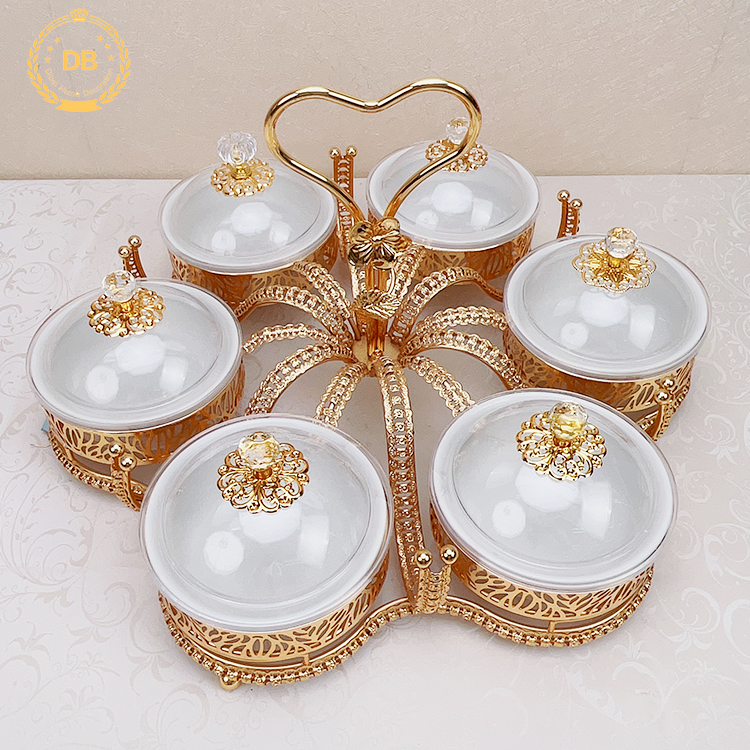 Dibei Luxury Design Nuts Food Storage With Ceramic Bowls Golden Metal Dry Fruit Tray