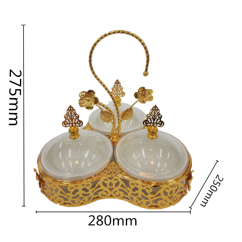 Russian Style Ramadan  Ceramic Metal Candy Bowls Arabic Gold Candy Dish with Handle and Cover