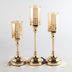 Golden Pillar Tall Candle Holder with Glass Lid for Pillar Candle for Coffee Dining Table