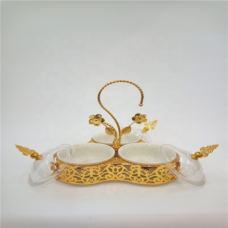 Russian Style Ramadan  Ceramic Metal Candy Bowls Arabic Gold Candy Dish with Handle and Cover