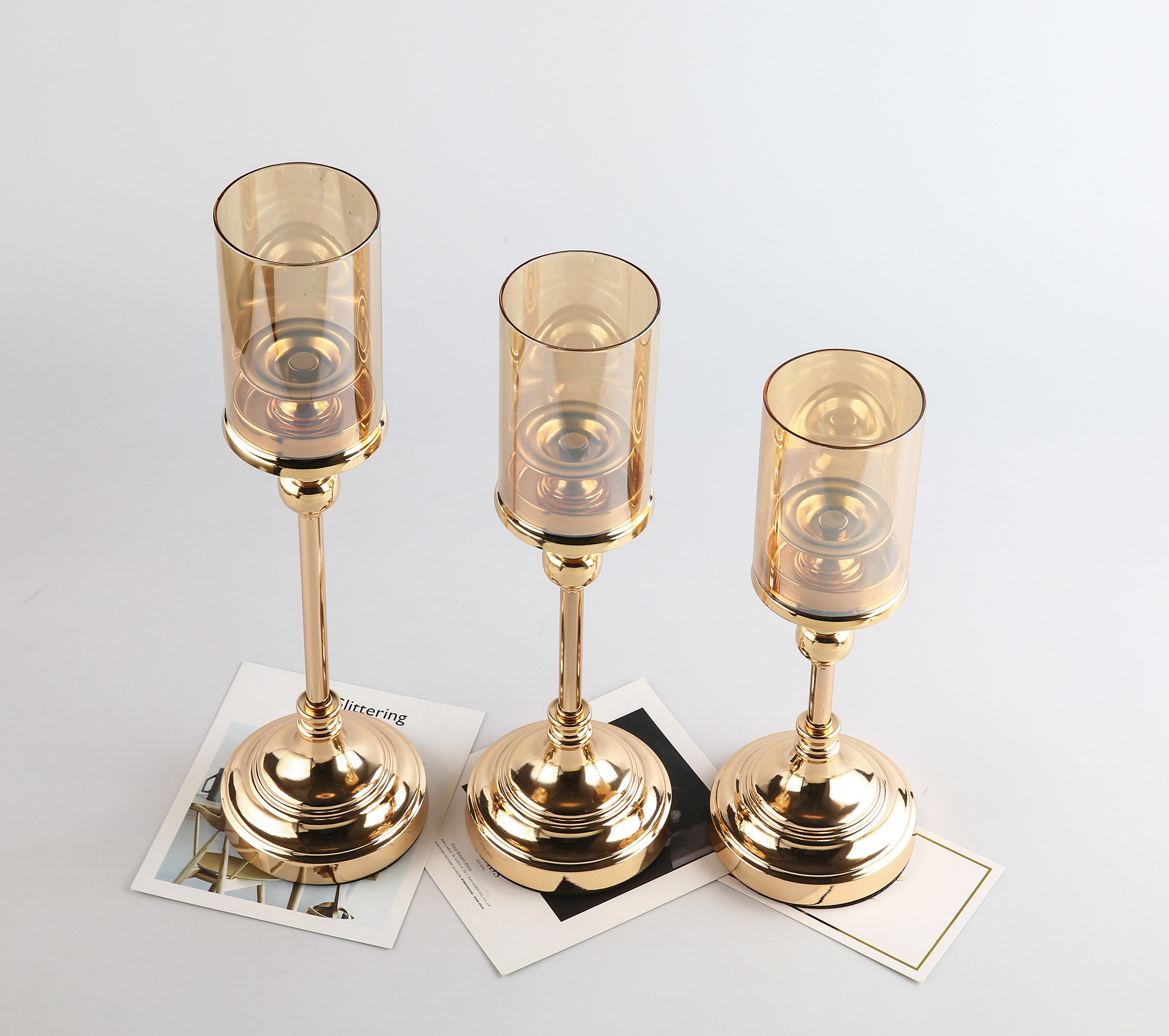 Golden Pillar Tall Candle Holder with Glass Lid for Pillar Candle for Coffee Dining Table