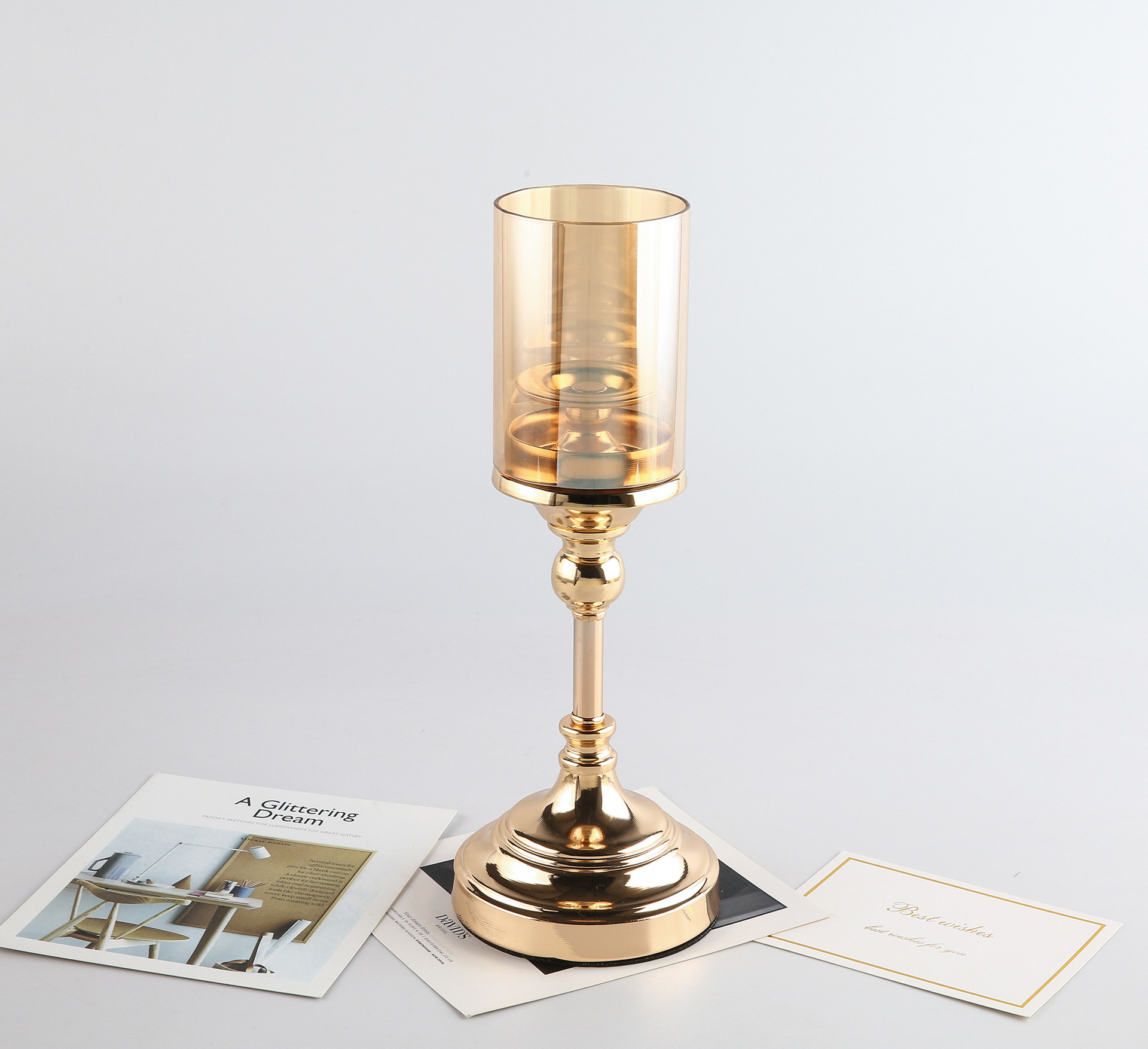 Golden Pillar Tall Candle Holder with Glass Lid for Pillar Candle for Coffee Dining Table