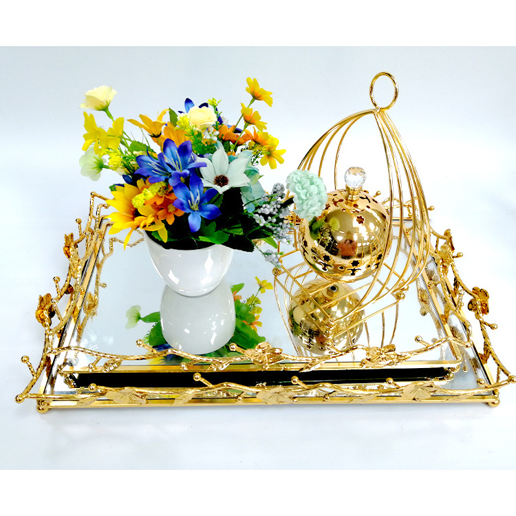 Dibei Wholesale Art British Luxury Design Golden Rectangular Mirror Serving Tray