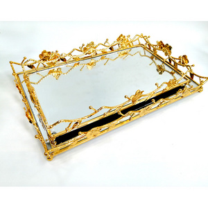 Dibei Wholesale Art British Luxury Design Golden Rectangular Mirror Serving Tray