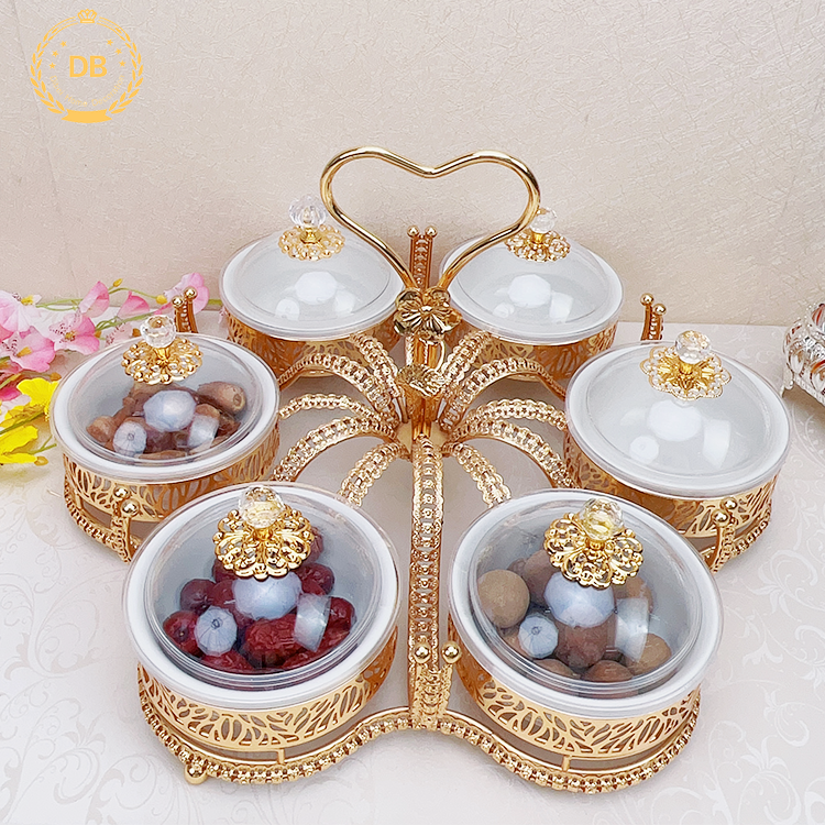 Dibei Luxury Design Nuts Food Storage With Ceramic Bowls Golden Metal Dry Fruit Tray