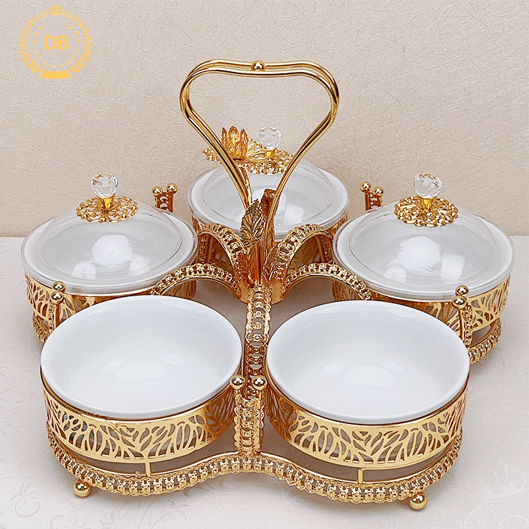 Dibei Luxury Design Nuts Food Storage With Ceramic Bowls Golden Metal Dry Fruit Tray