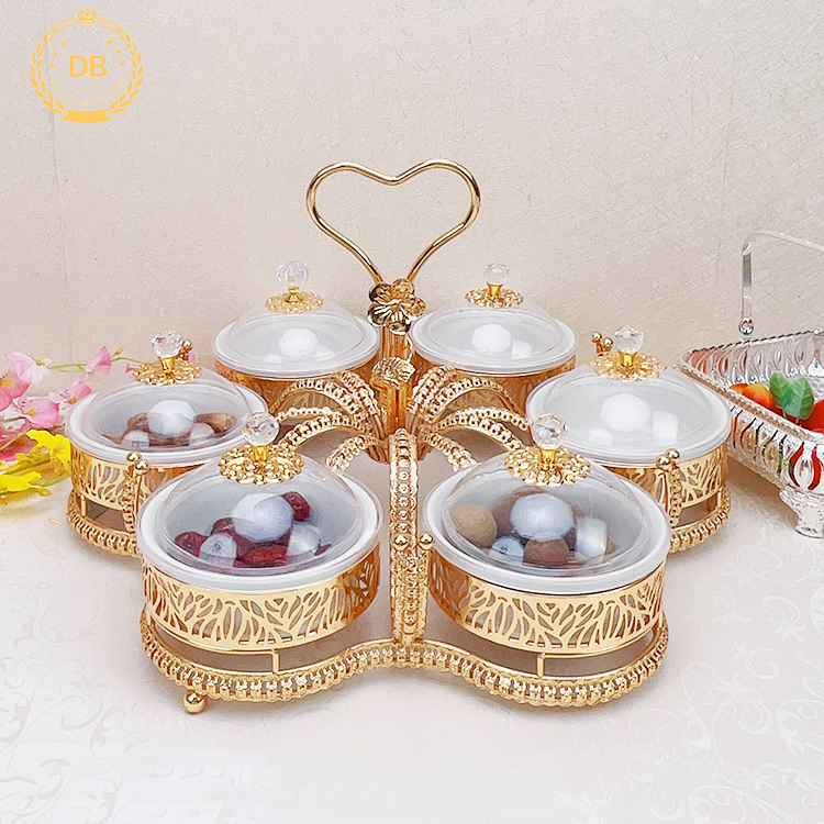 Dibei Luxury Design Nuts Food Storage With Ceramic Bowls Golden Metal Dry Fruit Tray