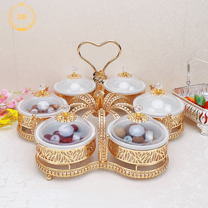 Dibei Luxury Design Nuts Food Storage With Ceramic Bowls Golden Metal Dry Fruit Tray