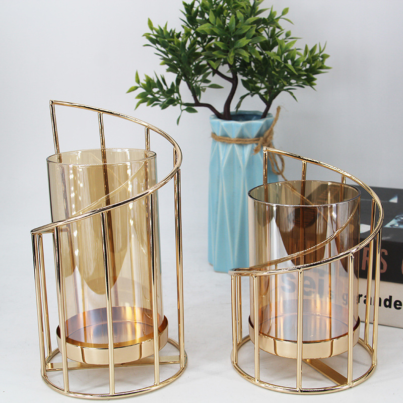 Geometric Gold Pillar Candle Holder Tealight Holder with Glass Cover  for Wedding Anniversary