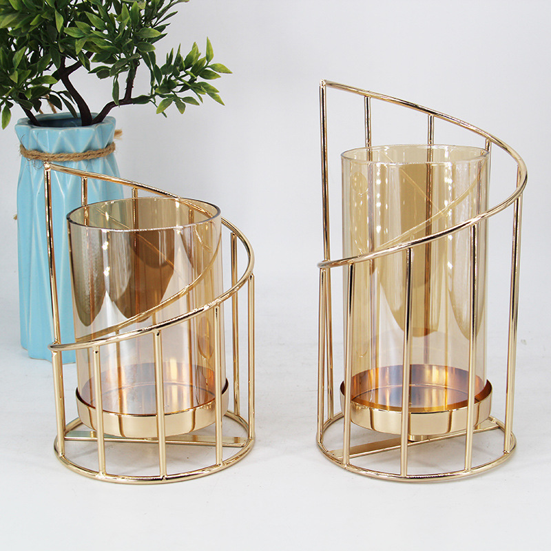 Geometric Gold Pillar Candle Holder Tealight Holder with Glass Cover  for Wedding Anniversary