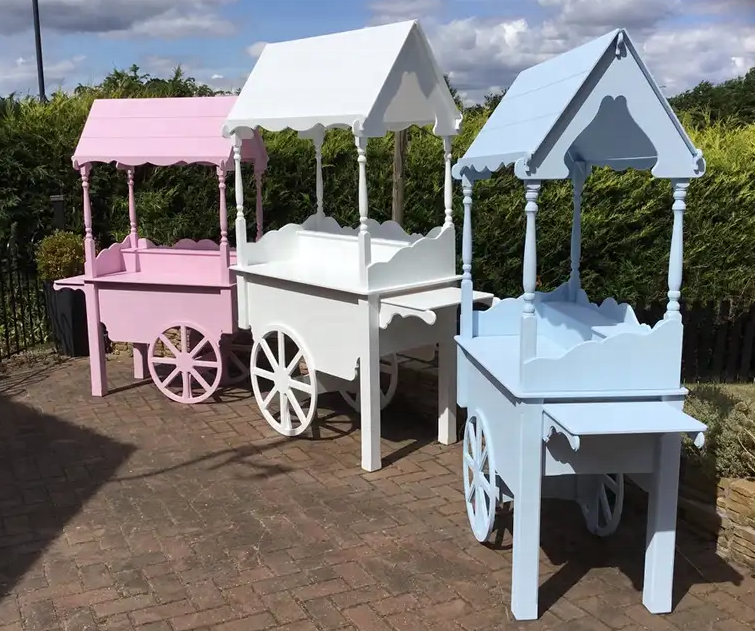 Customized Flower Snack Dessert Cart Decoration Collapsible Wedding Candy Cart Display With Wheels Wood Portable Candy Cart