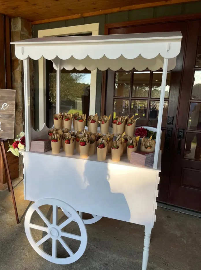 Customized Flower Snack Dessert Cart Decoration Collapsible Wedding Candy Cart Display With Wheels Wood Portable Candy Cart