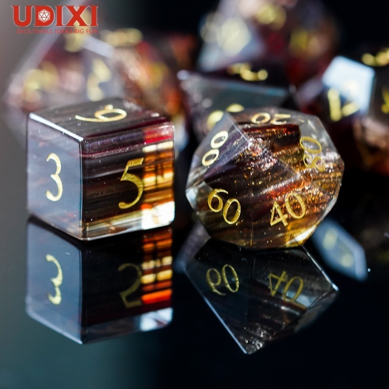 Udixi Blonde Hair Glass DND RPG Gemstone Dice Set with leather Dice Box