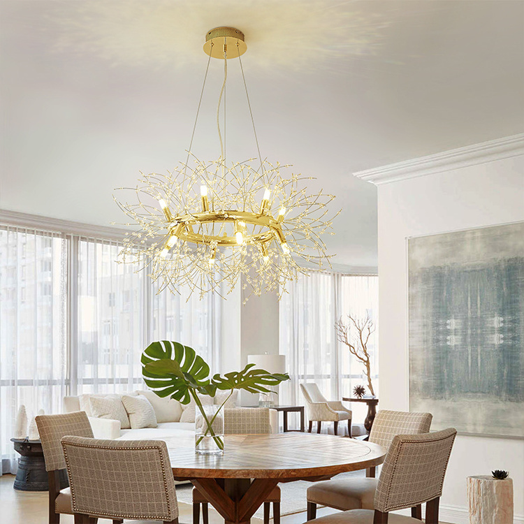 Unique Design Nordic Contemporary Small Crystal beads Decoration Art Deco Snowflake Gold Dandelion Branch Chandelier