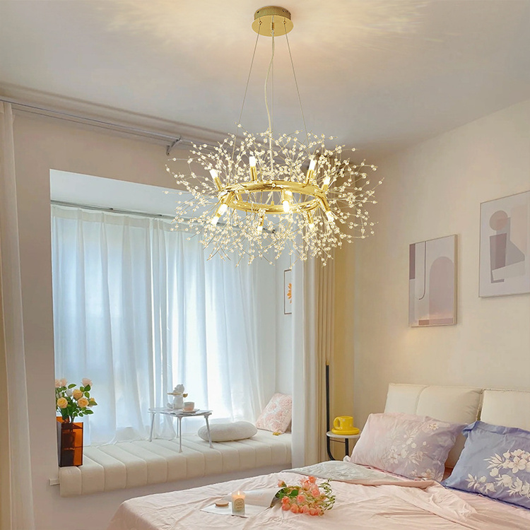 Unique Design Nordic Contemporary Small Crystal beads Decoration Art Deco Snowflake Gold Dandelion Branch Chandelier