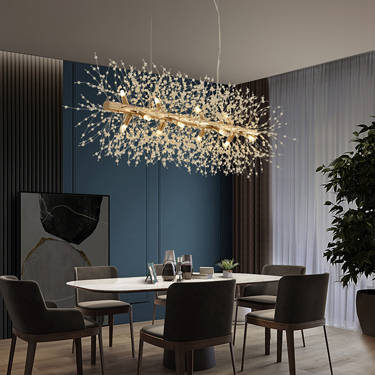 Modern Luxury Crystal Hanging Pendant Light Linear Firework Lighting Gold Decorative Kitchen Island Dining Room Chandeliers