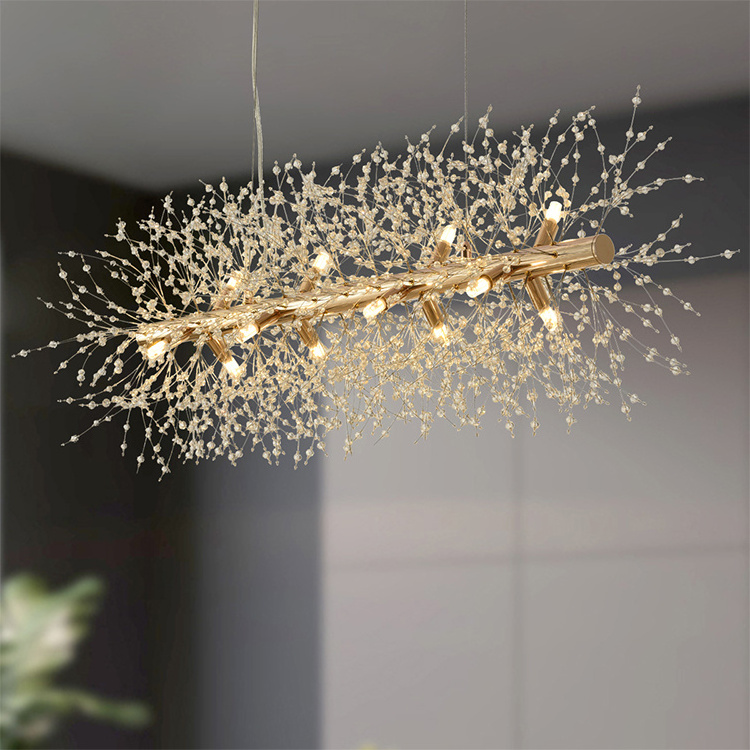 Modern Luxury Crystal Hanging Pendant Light Linear Firework Lighting Gold Decorative Kitchen Island Dining Room Chandeliers