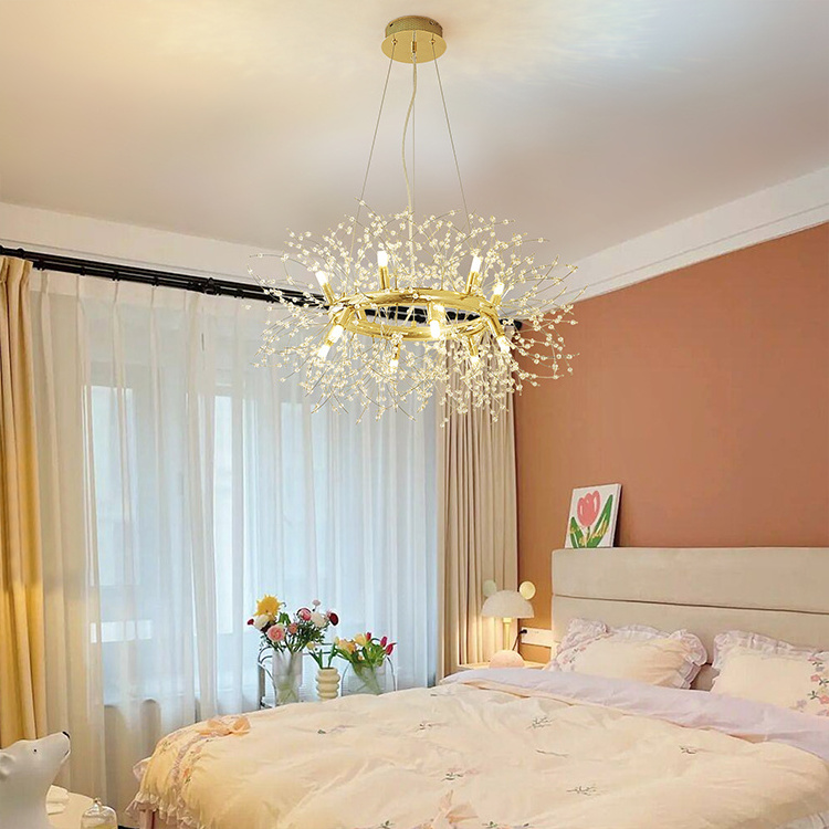 Unique Design Nordic Contemporary Small Crystal beads Decoration Art Deco Snowflake Gold Dandelion Branch Chandelier