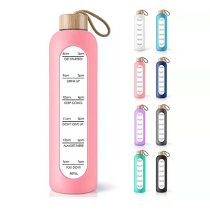 32oz 1L Time-marked Glass Water Bottles Bamboo Lid Free of Lead Motivational Sport Silicone Sleeve Portable Drink Bottle Gift