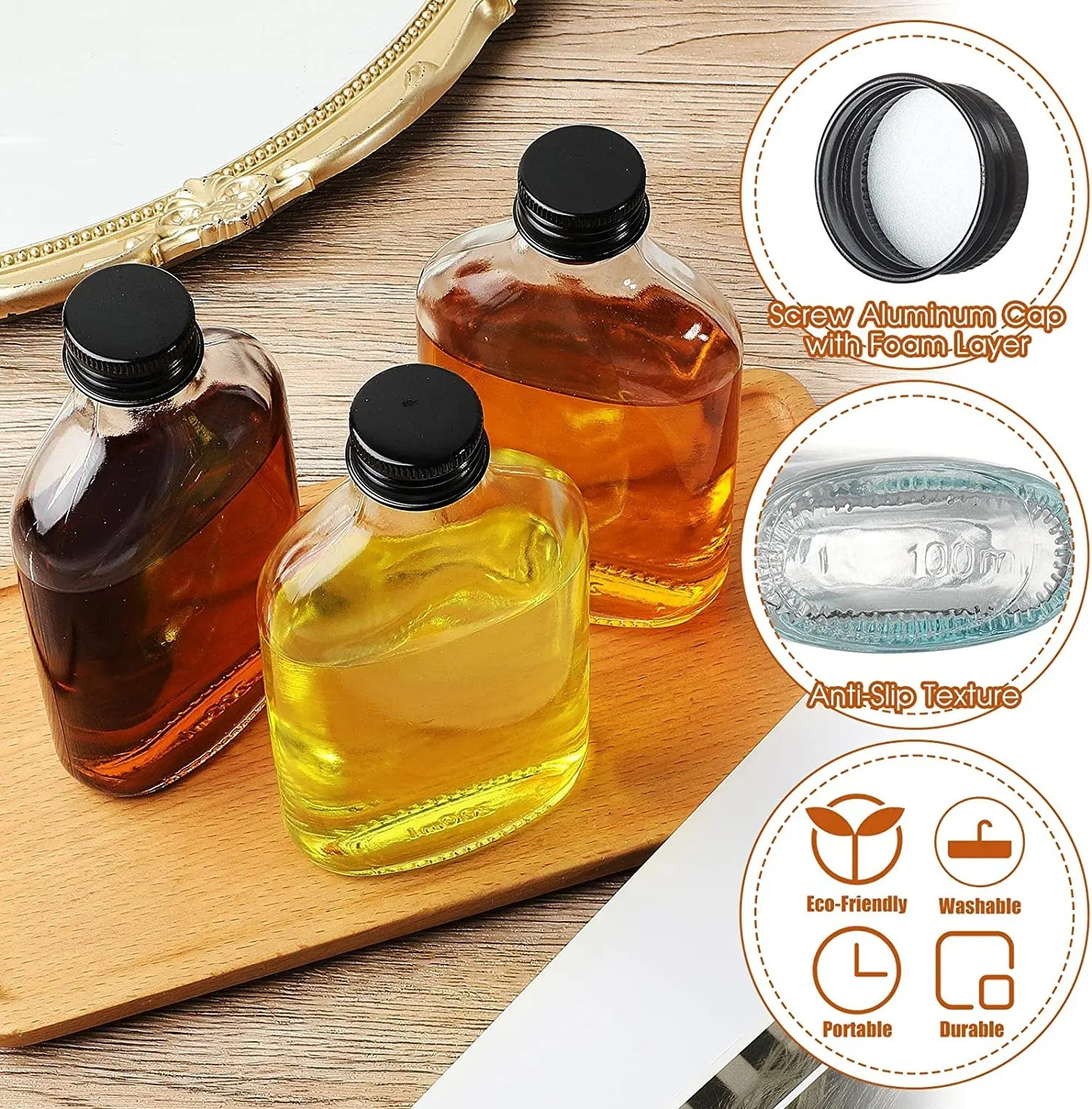 200 ml reusable glass flask mini clear empty wine bottle with black cap