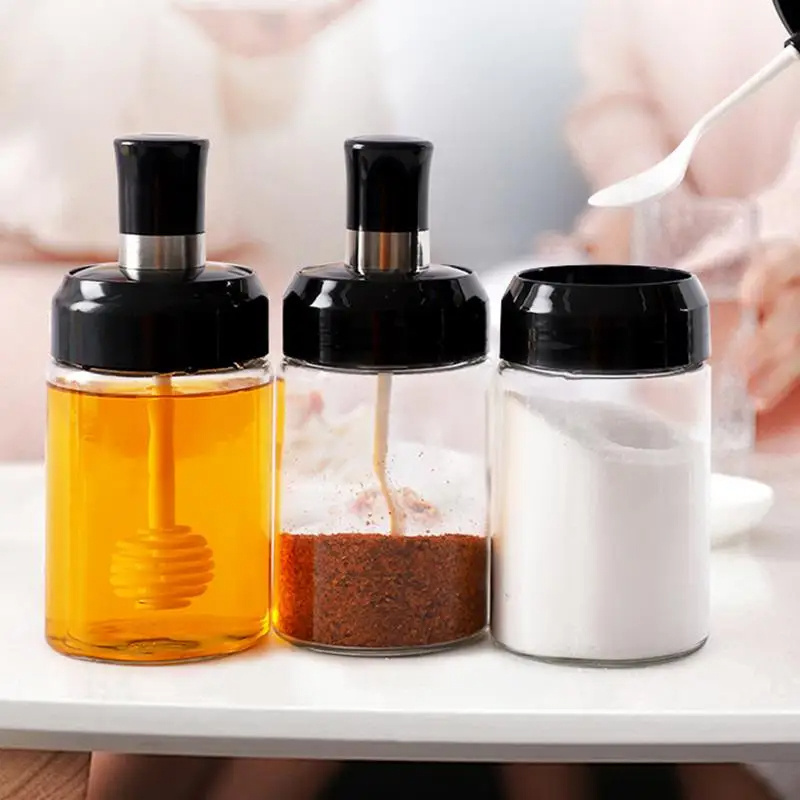 wholesale 250ml kitchen glass storage bottles for spice pepper honey oil with spoon brush dipper