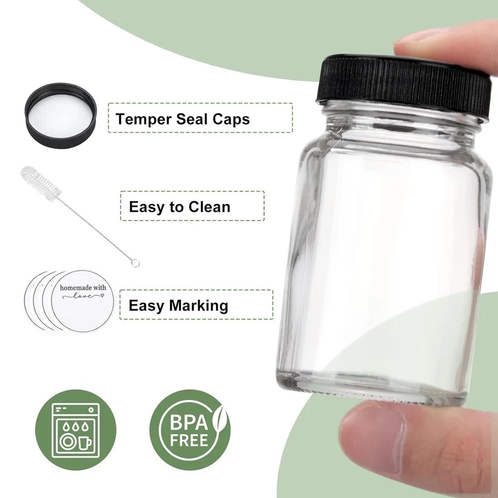 2oz Small Clear Glass Bottles with Lids for Liquids, Wide Mouth Short Jars with Caps Mini Glass Juice Bottles for Potion, Ginger