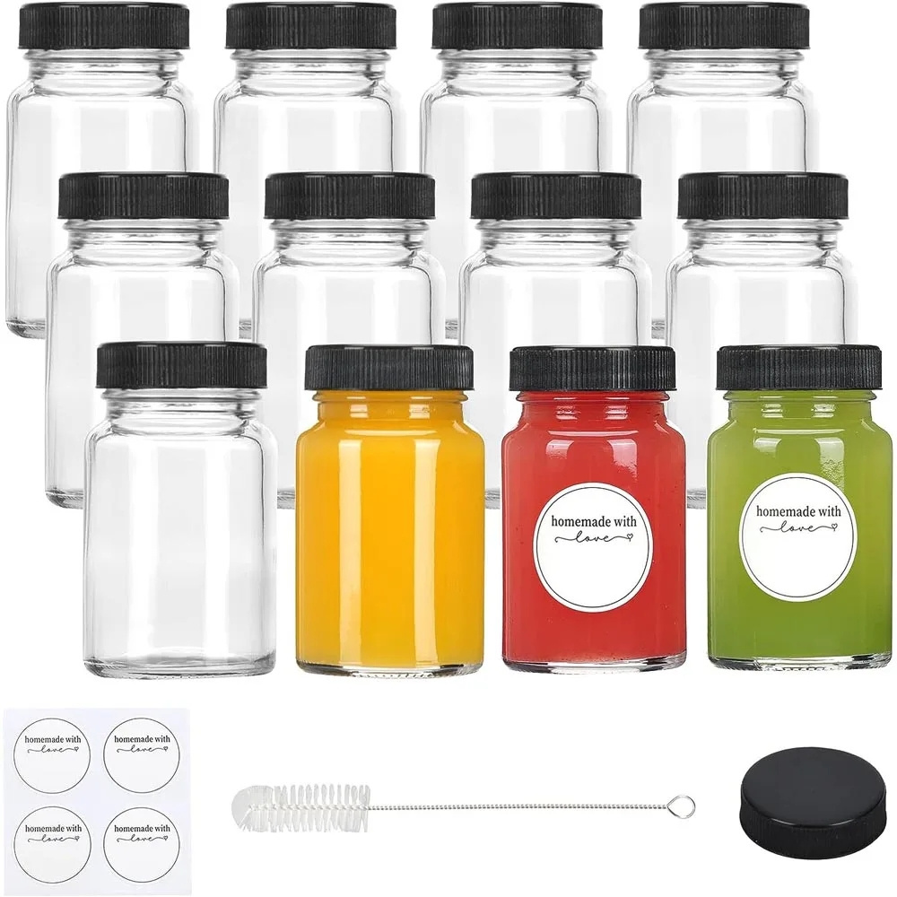 2oz Small Clear Glass Bottles with Lids for Liquids, Wide Mouth Short Jars with Caps Mini Glass Juice Bottles for Potion, Ginger