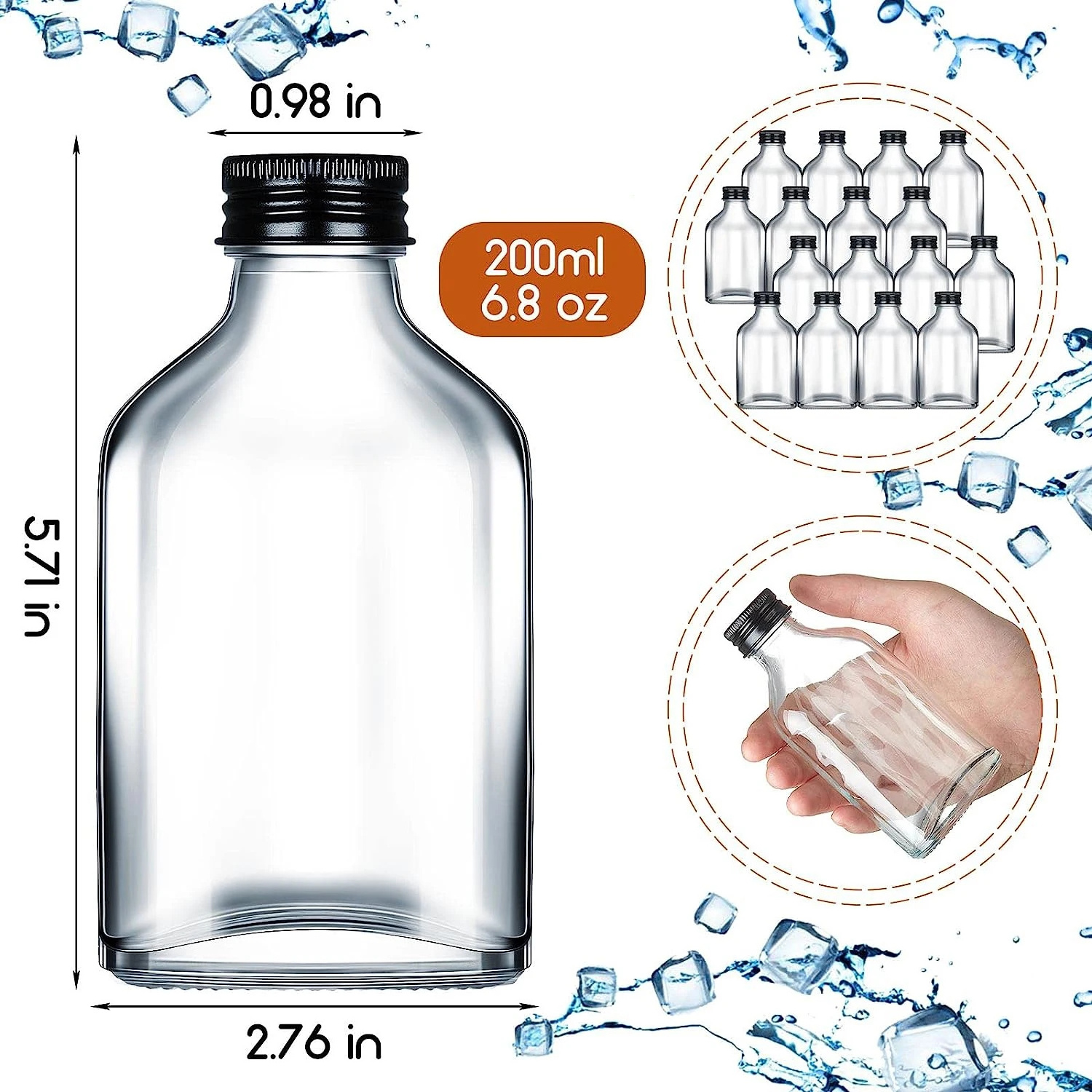 200 ml reusable glass flask mini clear empty wine bottle with black cap