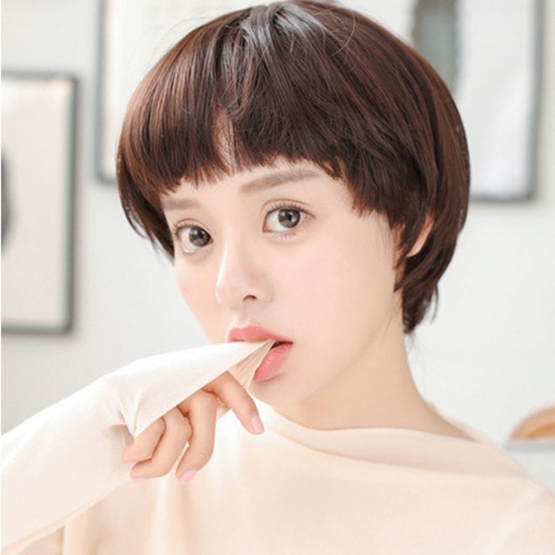 Wholesale wig female short straight hair mushroom head Neat bangs round face lovely short hair chemical fiber head cover