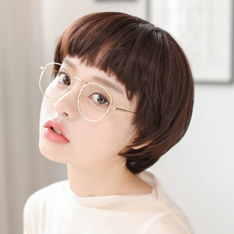 Wholesale wig female short straight hair mushroom head Neat bangs round face lovely short hair chemical fiber head cover